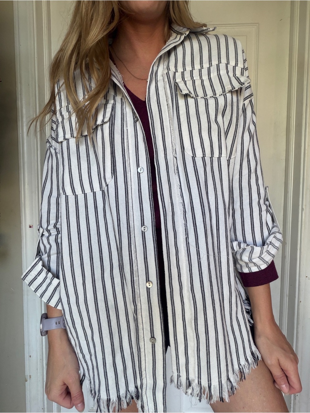white birch Black-and-White Striped Button-Up Shacket
